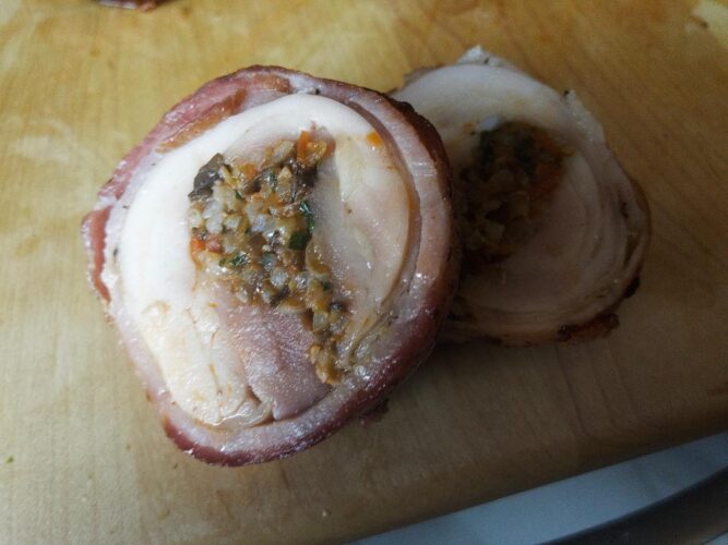 Bacon wrapped chicken leg